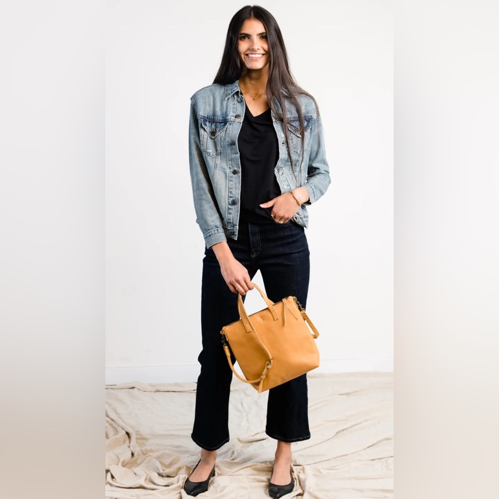 ABLE The Merly Staple Denim Jean Distressed Trucker Jacket Light Wash XS